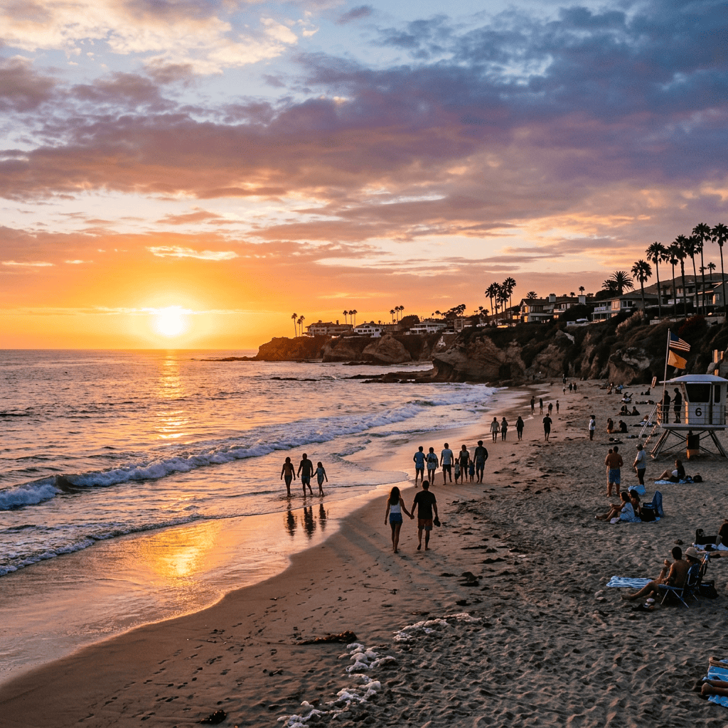 People enjoying a beach at sunset beneath coastal cliffs