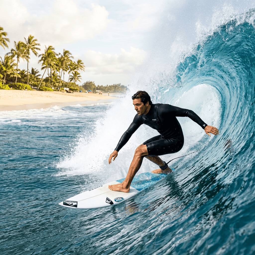 Surfer in black wetsuit riding a large turquoise wave near mountains